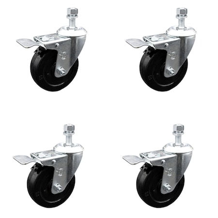 Service Caster 4 Inch SS Soft Rubber Swivel 1/2 Inch Threaded Stem Caster Set Total Lock Brake SCC-SSTSTTL20S414-SRS-121315-4